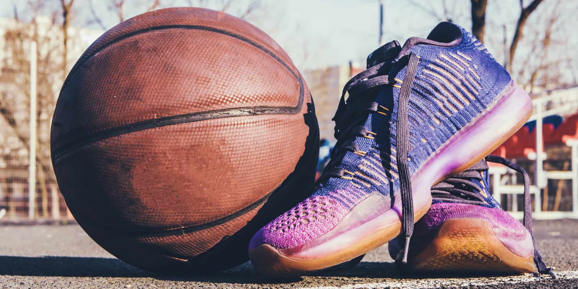 worn basketball shoes with basketball